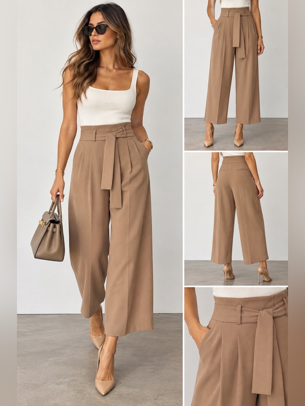 Babaton Aritzia High-Waist Tie-Belt Wide-Leg Pants in Camel